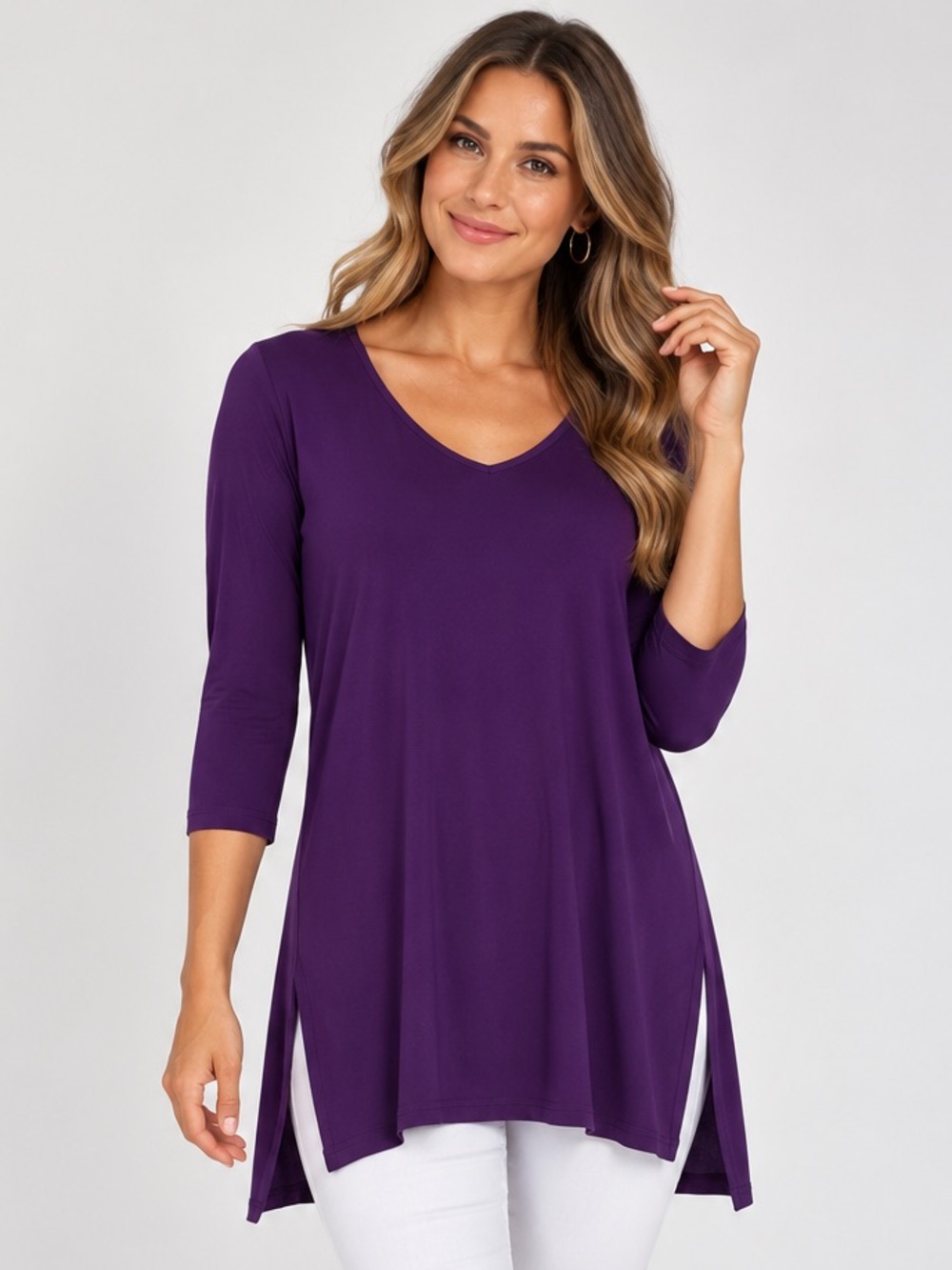 Clara Sun Woo Deep Purple V-Neck 3/4 Sleeve Tunic Shirt Size XL